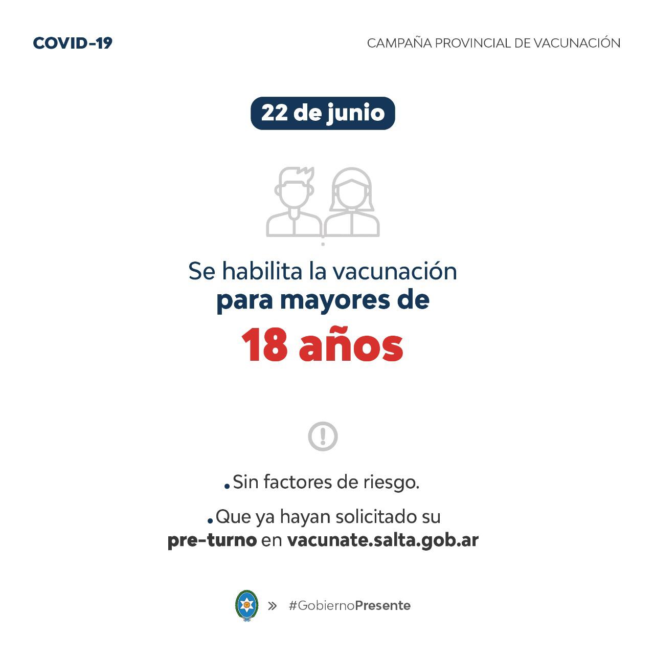 Se habilita vacunación para mayores de 18 años
