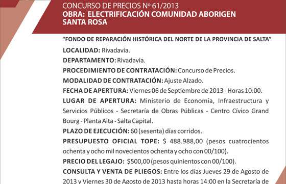 Licitan obra para dar energía eléctrica a la comunidad aborigen Santa Rosa