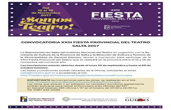 Inscripciones abiertas para la XXIII Fiesta Provincial del Teatro Salta 2017