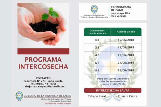 Comenzó el pago a beneficiarios del programa Intercosecha