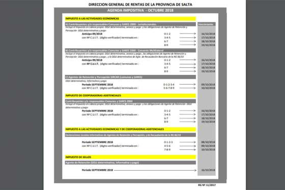 Rentas informa las fechas de vencimientos impositivos de octubre