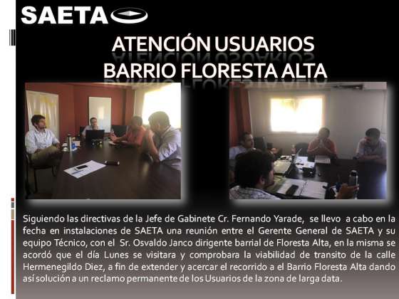 SAETA prevé extender el recorrido del servicio en el barrio Floresta Alta