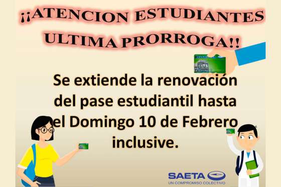 SAETA prorrogó hasta el 10 de febrero la renovación del pase estudiantil