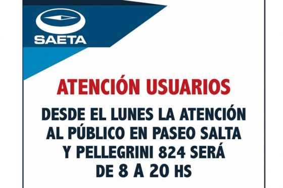 SAETA extendió su horario de atención al público