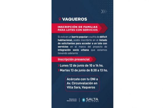 Inscripción de familias para lotes con servicios en Vaqueros